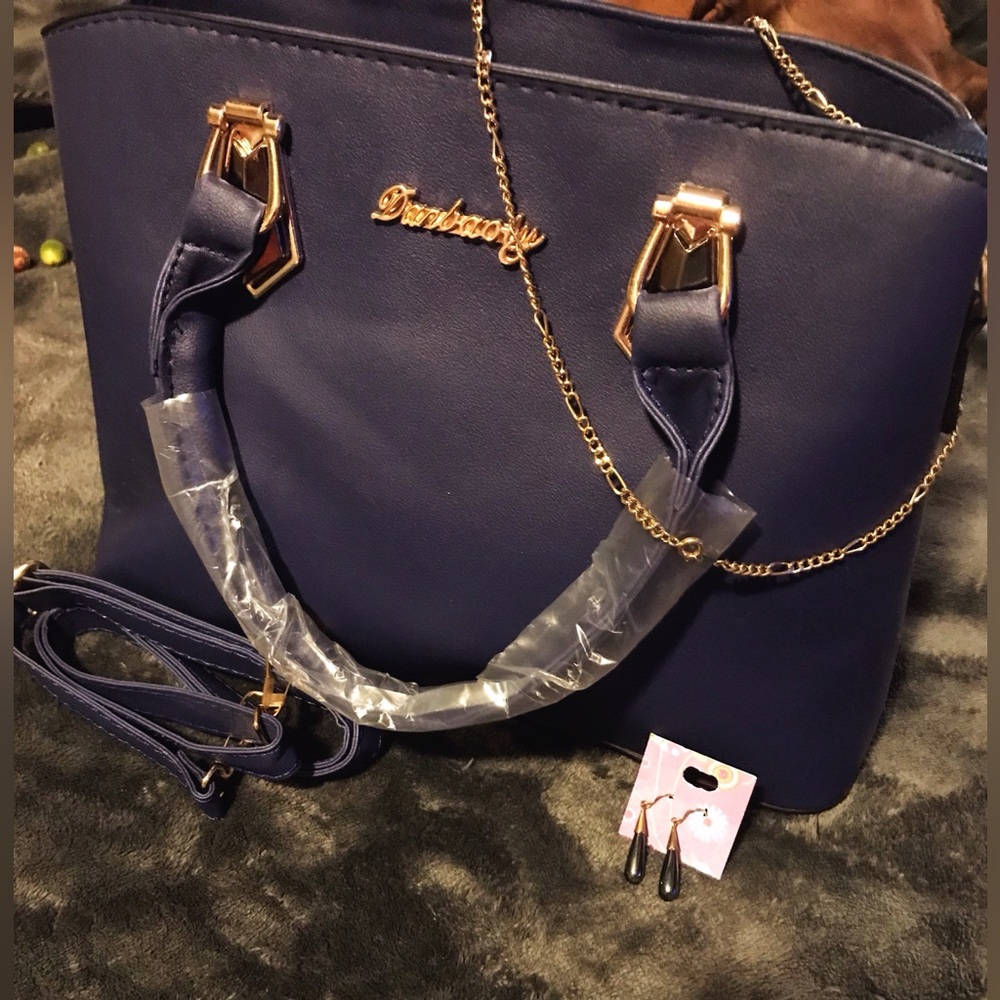 Dark blue Danbaoly purse with 18kt gold plated necklace and Hematite earrings